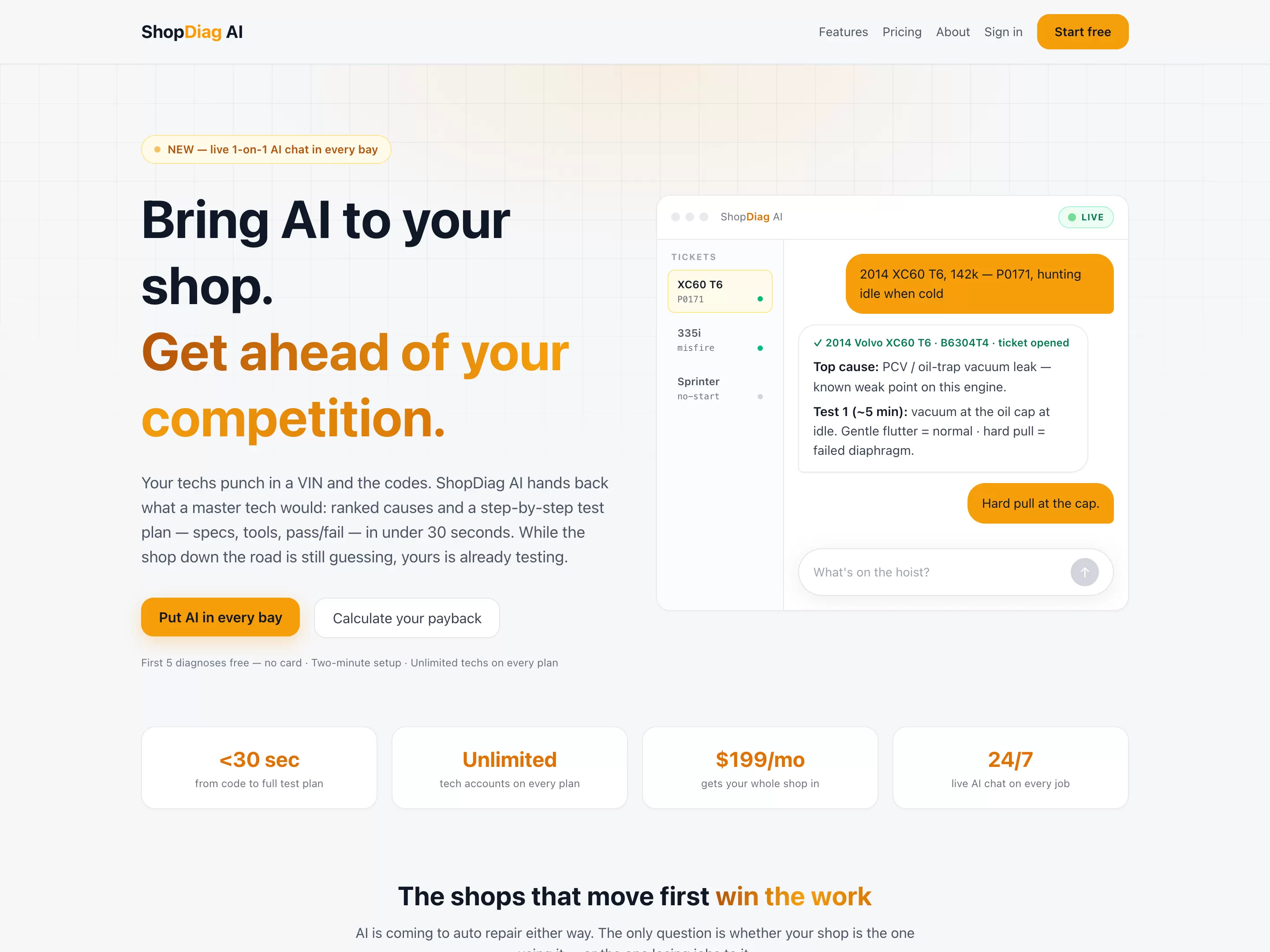 ShopDiag AI — desktop homepage, built by Optimum Reach