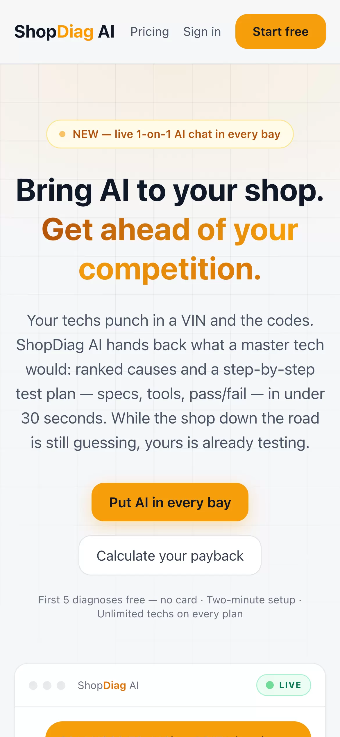 ShopDiag AI — mobile homepage, built by Optimum Reach